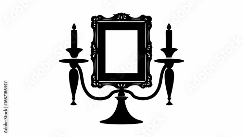 Ornate frame with two candle holders featuring lit candles in a symmetrical arrangement on a white background silhouette