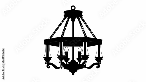 Silhouette of an ornate chandelier with multiple lights hanging from chains and decorative elements design
