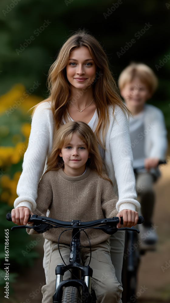 Obraz premium Mother and Daughter Riding Bikes on a Peaceful Country Path, Surrounded by Trees and Fields