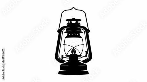 Illustration of a vintage kerosene lantern with a handle and a visible flame in black color isolated silhouette
