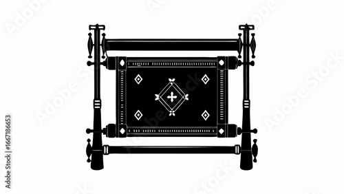 Illustration of a black and white carpet weaving loom with a decorative carpet displayed on it silhouette