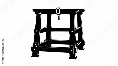 Illustration of a black wooden structure with a pulley system hanging from the top center frame silhouette