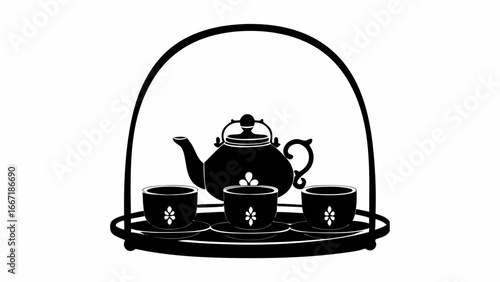 Illustration of a tea set with a teapot and three cups on a tray with a handle, all in black silhouette