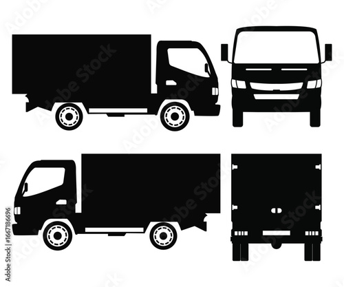Truck Silhouette Icon Set Side, Front, Back, and Top View on White Background