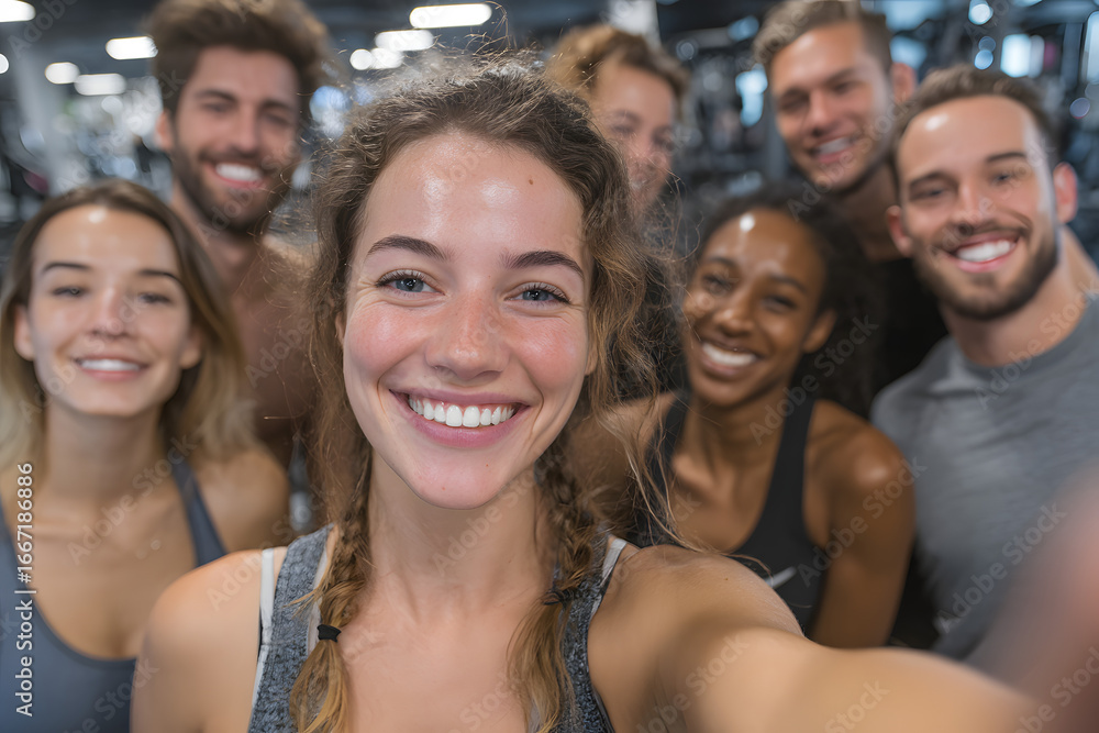 Obraz premium Multiracial group of happy athlete taking selfie in ym and looking at camera.