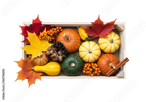Colorful autumn harvest display in a wooden crate, featuring pumpkins, gourds, maple leaves, berries, and nuts, set against a black backdrop.