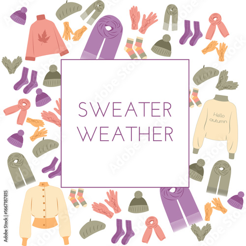 Fall card of autumn apparel including scarves, sweaters, hats, gloves and socks in flat style. Hand drawn vector illustration for posters, banners and social media posts