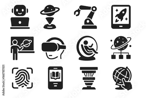 Space icon globe gravity tech tablet whiteboard futuristic vector headset quantum learning