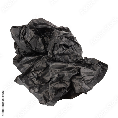 Crumpled garbage bag on white background