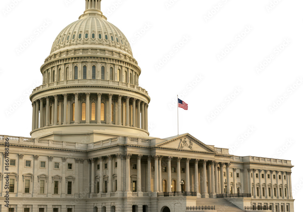 Obraz premium The united states capitol building with dome and flag isolated on transparent background