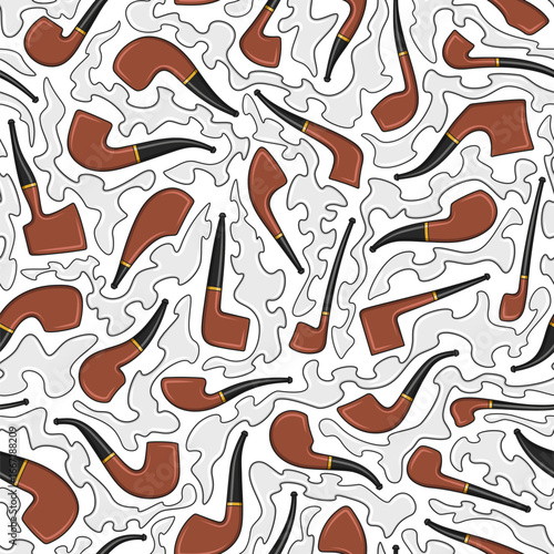 Seamless pattern with smoking pipes, tobacco smoke. Colored vector background.