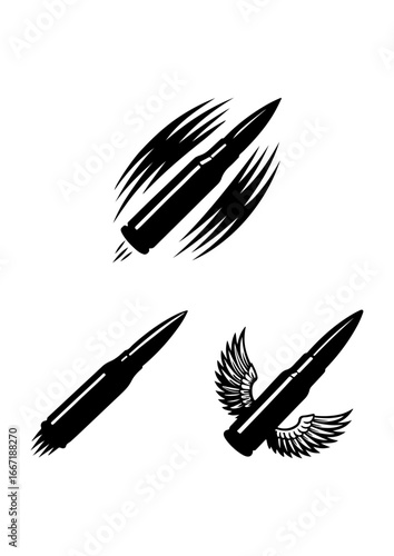 Stylized Bullets and Bullet with Wings Silhouettes