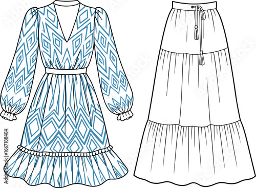 Long sleeve patterned dress with ruffle hem, V‑neckline, gathered cuffs, and tiered maxi skirt with tassel drawstring, fashion flat technical vector garment illustration