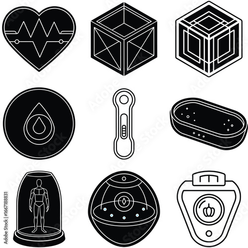 Black and White Illustration of Various Medical and Technological Devices and Objects
