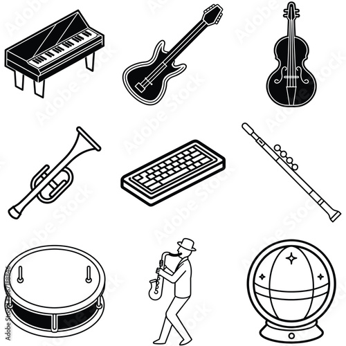 Assortment of Black and White Line Art of Various Musical Instruments