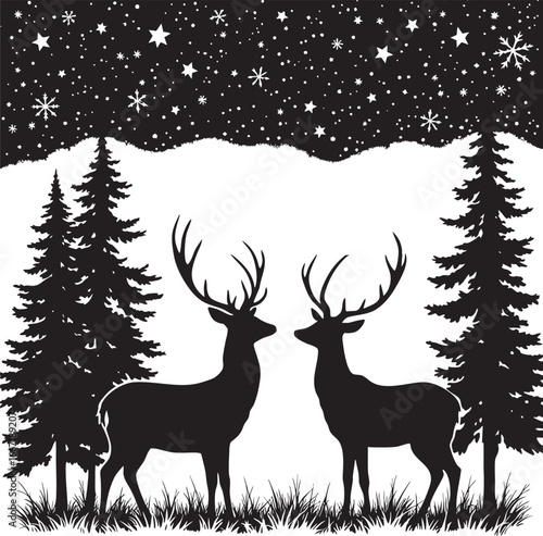 This stock image features two silhouetted deer facing each other in a snowy forest at night.