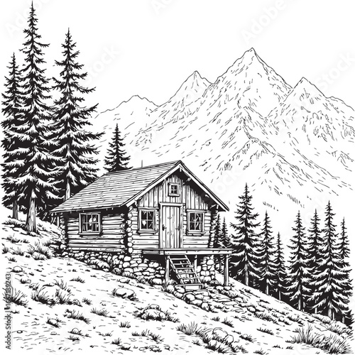 A captivating black and white illustration of a rustic log cabin nestled in a mountain landscape.