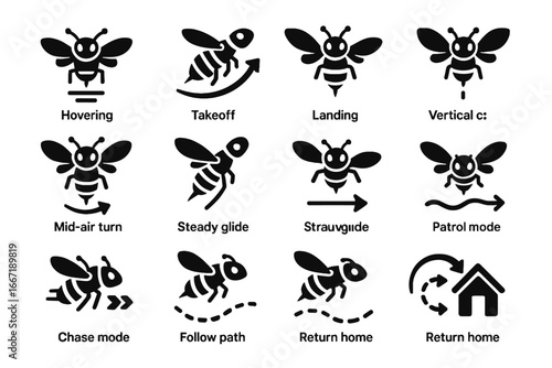 Bee hovering dive vertical turn landing flight robotic vector mode return icon