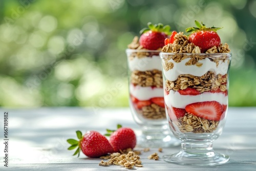 Wallpaper Mural Vibrant Yogurt Parfait: Fresh Strawberry Layers Enhanced with Granola in a Rustic Setting Torontodigital.ca