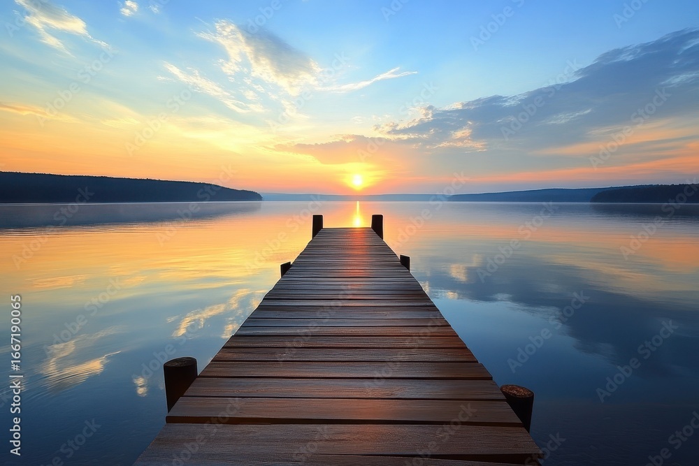 Obraz premium Tranquil Sunset Over Torch Lake: A Serene Dock Retreat in Northern Michigan