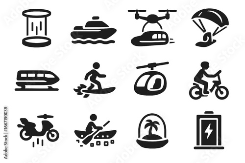 Transport raft pad scooter boat pod coded island virtual icon vector energy