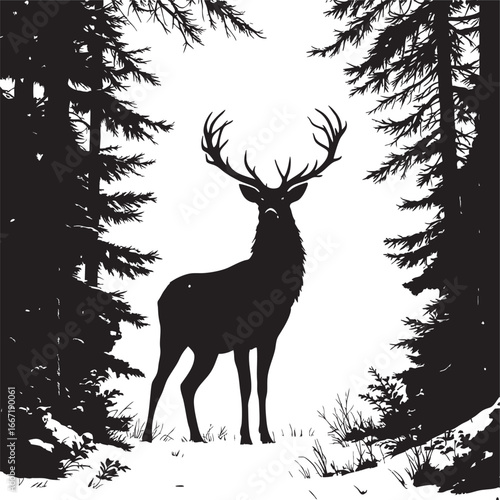 A striking silhouette of a stag stands in a snowy winter forest.