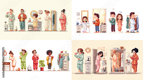 Illustration of diverse people doing morning routines in pajamas. Cozy lifestyle art showing characters brushing teeth, drinking coffee, and self-care habits.