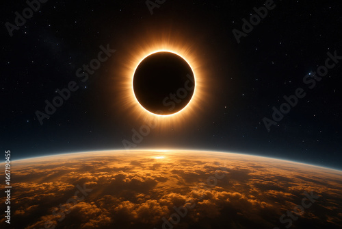 Total Solar Eclipse with Glowing Corona Above Earth