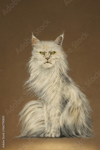 Hand-drawn illustration of a white longhaired Main Coon cat