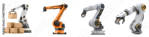 robotic arms performing various tasks handling packages on transparent background