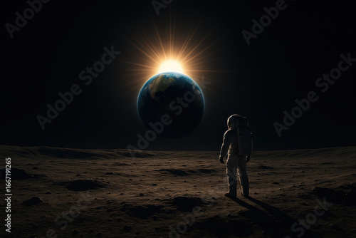 Astronaut Standing on Moon Watching Earthrise in Space