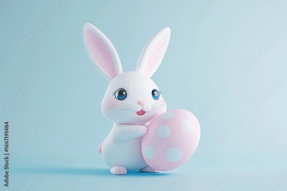 Obraz premium Whimsical Bunny Presenting Colorful Easter Egg Against Soft Blue Hues in Three-Dimensional Style