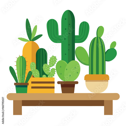 A collection of various green cacti and succulents displayed on a wooden shelf