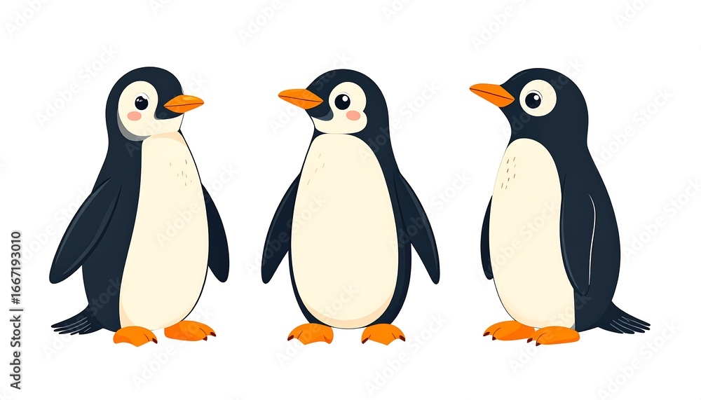 Naklejka premium Three cartoon penguins facing different directions