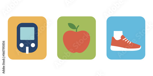Illustration of a glucose meter an apple and a running shoe representing diabetes management tools