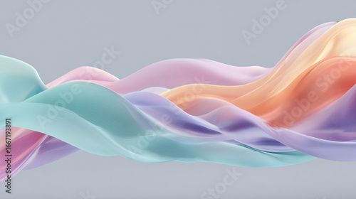 Flowing Pastel Silk Waves Abstract 3D Render On Grey Background