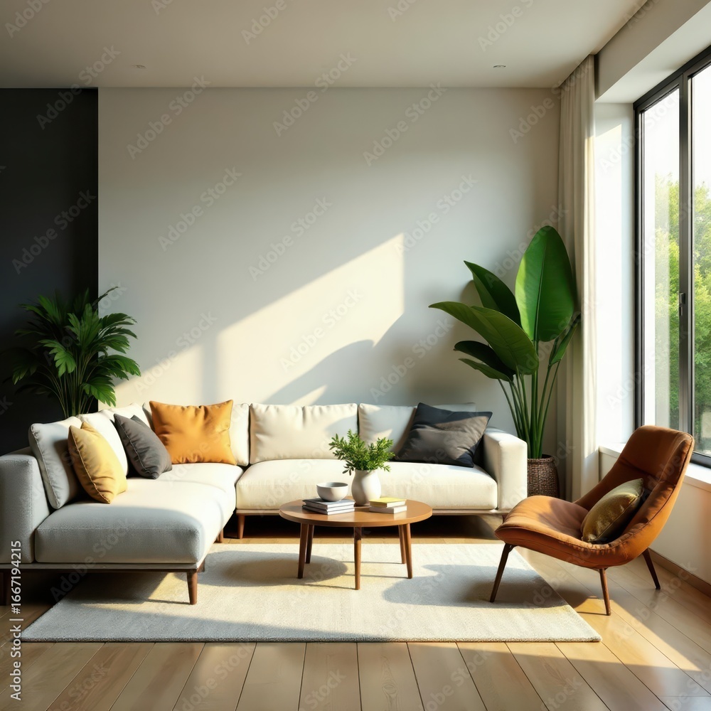 Fototapeta premium Modern living room, lush greenery, natural light, plants interior, bright, urban jungle