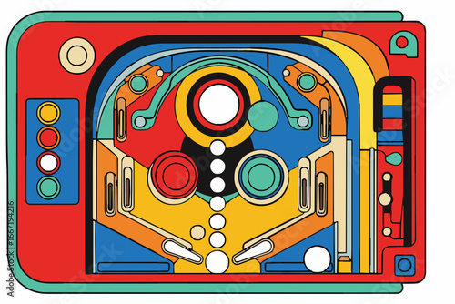 A vibrant, top-down flat vector illustration showcases a retro tabletop pinball game.generative ai