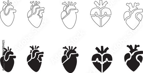 Anatomical Heart Icon set,Human Heart,Cardiac Muscle Line and Silhouette Color Icon Set. Medical Cardiology Pictogram.Collection on White Background.Real human heart organ icon.
