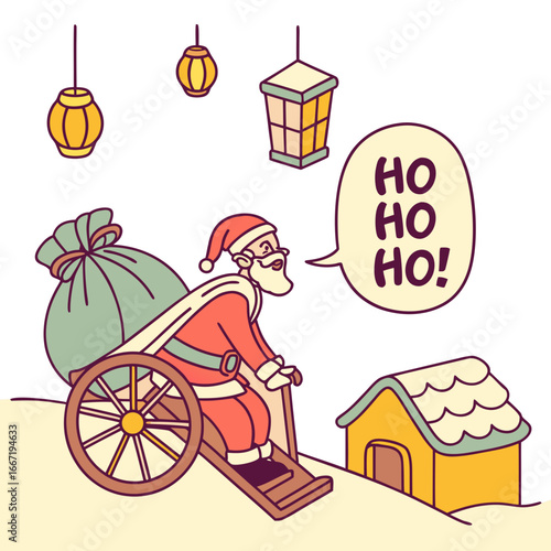 Santa claus riding a cart with a sack of gifts and saying ho ho ho