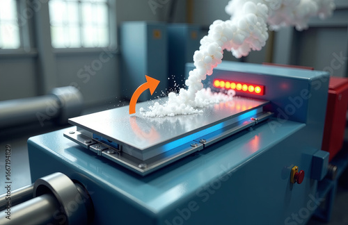 Powder-bed sintering process on a heated platen - industrial additive manufacturing visualization showing powder spreading, heating and layer consolidation for 3D printing.