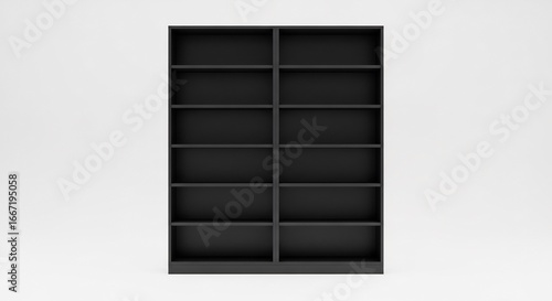 Modern Black Bookshelf with Empty Shelves on White Background Minimalist Design.