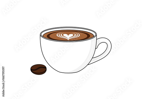 A white coffee cup filled with latte art, featuring a heart-shaped design, sits against a black background, accented by a single coffee bean.
