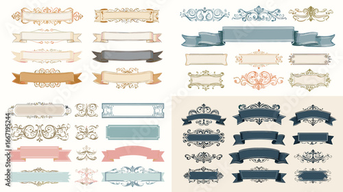 Collection of vintage ribbon frames and decorative banners in elegant styles, perfect for wedding invitations, certificates, retro labels, and classic design.