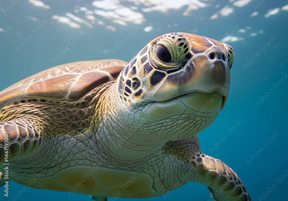 Fototapeta premium Close-up of a Curious Sea Turtle Swimming