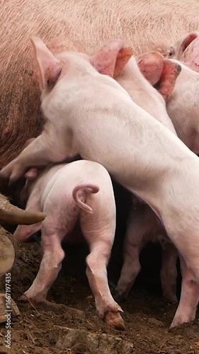 Many small newborn piglets near a large sow suck her milk. Raising pigs on a farm. Caring for newborn piglets.