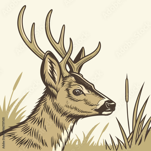 Vintage illustration Head and antlers of a mule deer (Odocoileus hemionus) a deer indigenous to western North American