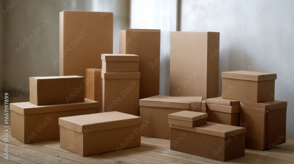 Fototapeta premium Cardboard boxes packaging lifestyle photography design concept inspiration background stylish composition detail warehouse