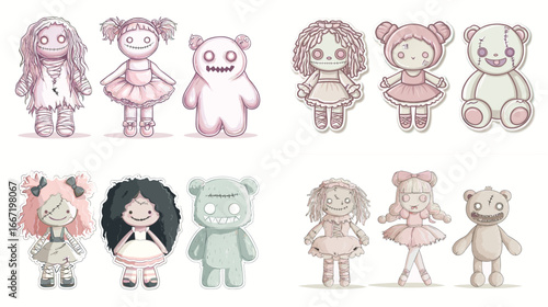 Set of creepy cute dolls and plush toys in pastel tones, combining spooky and adorable design. Perfect for Halloween, stickers, and alternative gothic art.