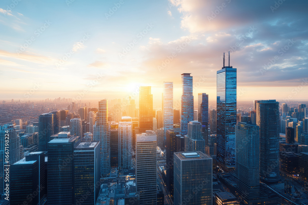 Fototapeta premium A futuristic city skyline glows with bioluminescent lights as nightfall approaches. Sleek skyscrapers reflect a vibrant atmosphere during the golden hour, showcasing modern urban innovation.